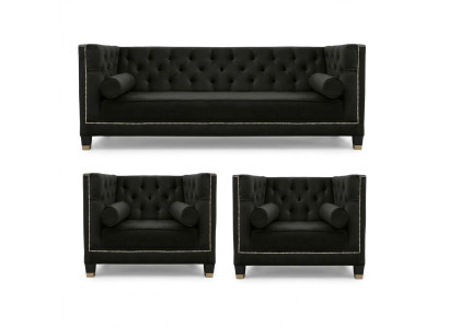 Schwarze salotto Chesterfield poltrona divano a tre posti 3 pezzi
