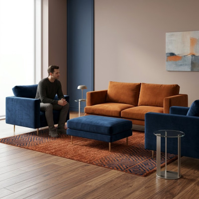 Set da salotto arancione, pouf, poltrona, mobili creativi, tessuto in stoffa per il soggiorno.