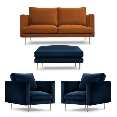 Set da salotto arancione, pouf, poltrona, mobili creativi, tessuto in stoffa per il soggiorno.
