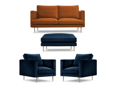 Set da salotto arancione, pouf, poltrona, mobili creativi, tessuto in stoffa per il soggiorno.