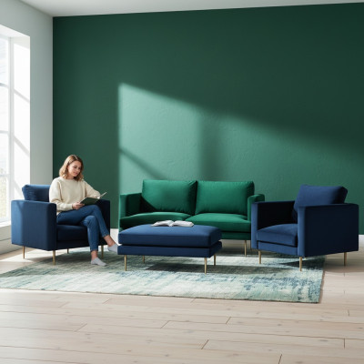 Set da divano verde pouf poltrona salotto gruppo mobili tessuto stoffa divani nuovi