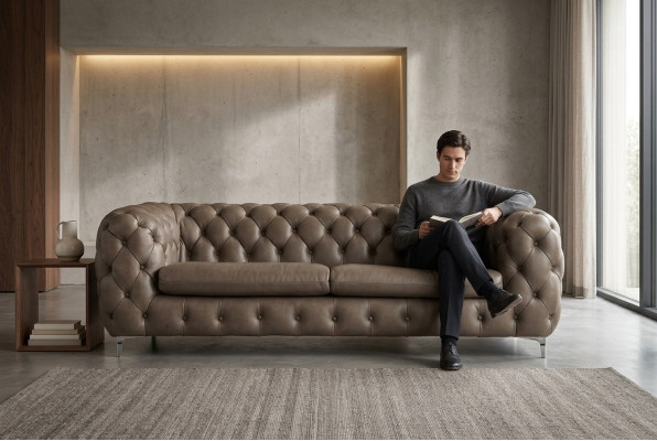 Divano Chesterfield marrone xxl in pelle per il salotto, 4 posti viola giallo verde.