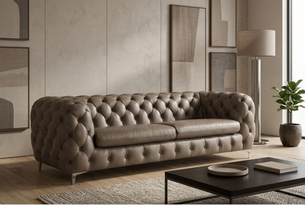Divano Chesterfield marrone xxl in pelle per il salotto, 4 posti viola giallo verde.