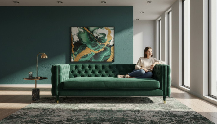 Chesterfield divano a 4 posti design di lusso in tessuto verde.