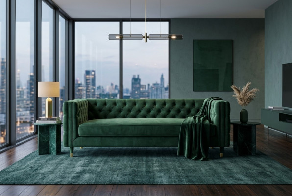 Chesterfield divano a 4 posti design di lusso in tessuto verde.