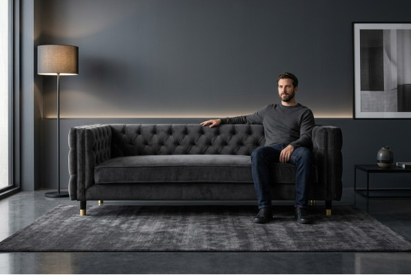 Divano Chesterfield nero Big lusso 4 posti Tessuto in stoffa Sofà.