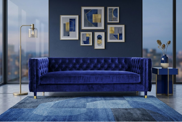 Divano Chesterfield blu big designer a 4 posti in tessuto testurizzato nuovo.