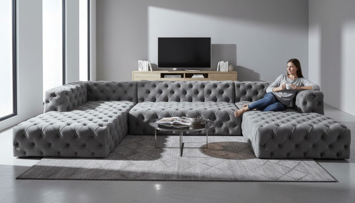 Chesterfield Divano a forma di U Grigio XXL Tessuto Tessuto Divani di lusso Mobili Imbottiti