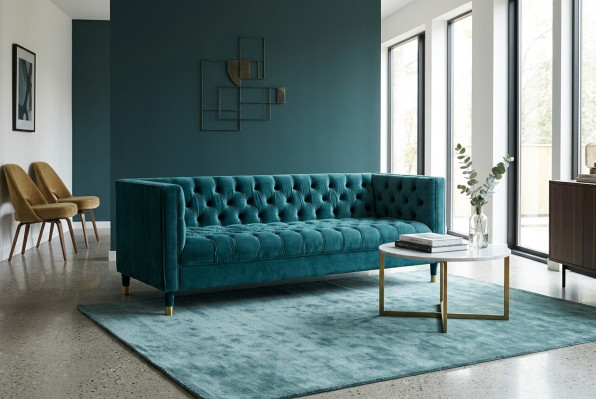 Divano Chesterfield, divani blu in tessuto, divano in stoffa, mobili a 4 posti.