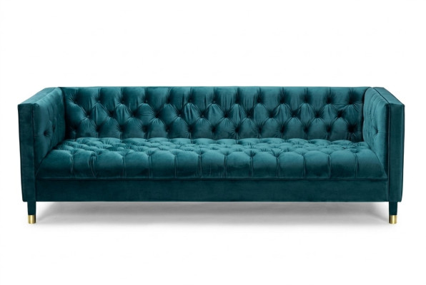 Divano Chesterfield, divani blu in tessuto, divano in stoffa, mobili a 4 posti.