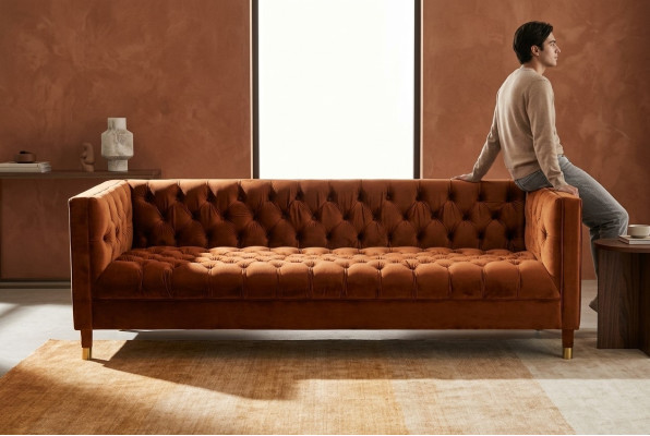 Arancione Divano Chesterfield in Tessuto Tessuto Divani di Lusso a 4 Posti