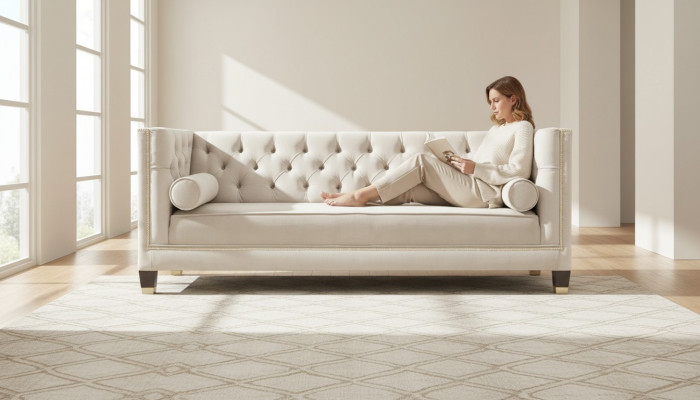 Lusso beige Chesterfield in velluto a tre posti per arredamento hotel soggiorno studio