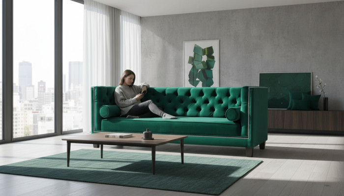 Lusso verde Chesterfield in velluto a tre posti per arredamento hotel salotto studio