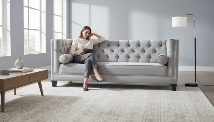 Lusso Grigio Divano Chesterfield in Velluto a Tre Posti Arredamento per Hotel Soggiorno Studio