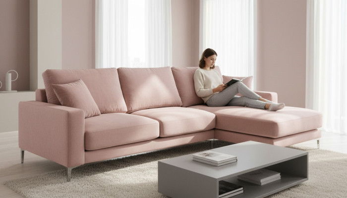 Divano ad angolo rosa in tessuto per il soggiorno, design divano, divani imbottiti, divano, divano ad angolo nuovo