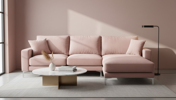 Divano ad angolo rosa in tessuto per il soggiorno, design divano, divani imbottiti, divano, divano ad angolo nuovo