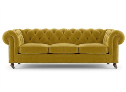 Lusso giallo Chesterfield in velluto a tre posti per arredamento imbottito da hotel, salotto, studio.