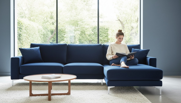 Divano angolare di lusso per il soggiorno con angolo loft, moderno e in velluto.