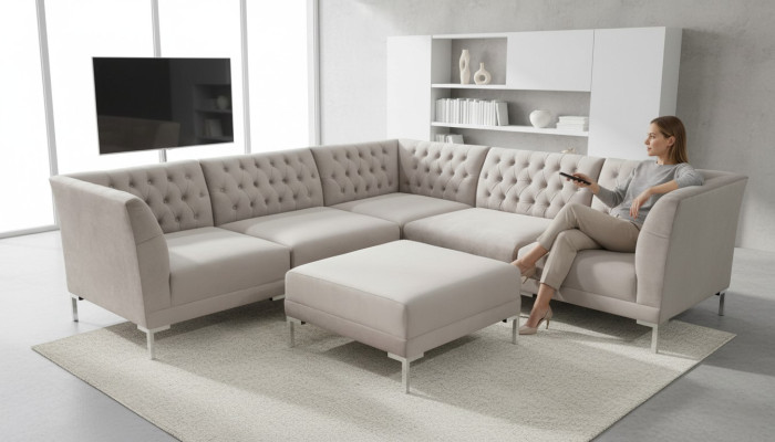 Divano ad angolo Chesterfield Poggia piedi 2 pezzi Tessuto in stoffa Divani Divani d'angolo Nuovo
