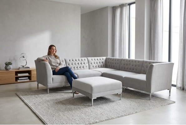 Divano ad angolo Pouf Grigio Grande Tessuto Textill Chesterfield Divano Mobili Pouf Divani