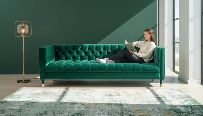 Tre posti in stile Chesterfield in tessuto verde divano imbottito per il salotto 230cm.