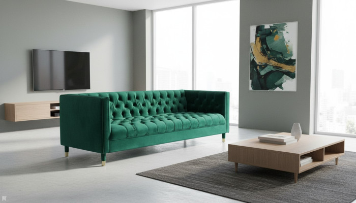 Tre posti in stile Chesterfield in tessuto verde divano imbottito per il salotto 230cm.