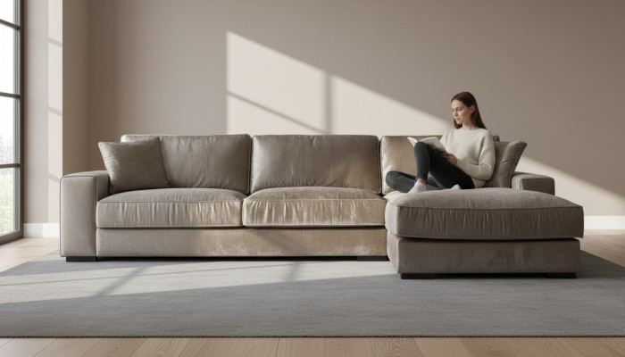 Divano ad angolo marrone in stoffa, divani per il soggiorno in design italiano, divani imbottiti.