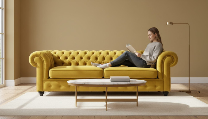 Divano giallo con bottoni Chesterfield - Divano imbottito - Divani - Divani di lusso - Nuovo