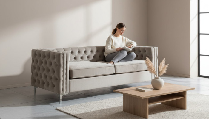 Chesterfield tre posti moderni mobili tessuto velluto soggiorno lussuoso divani
