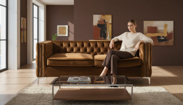 divano Chesterfield arancione in lusso velluto set di divani in stoffa con bottoni cuscini nuovi