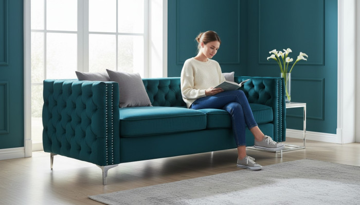 divano Chesterfield turchese in velluto di lusso, set di divani con bottoni e cuscini nuovi