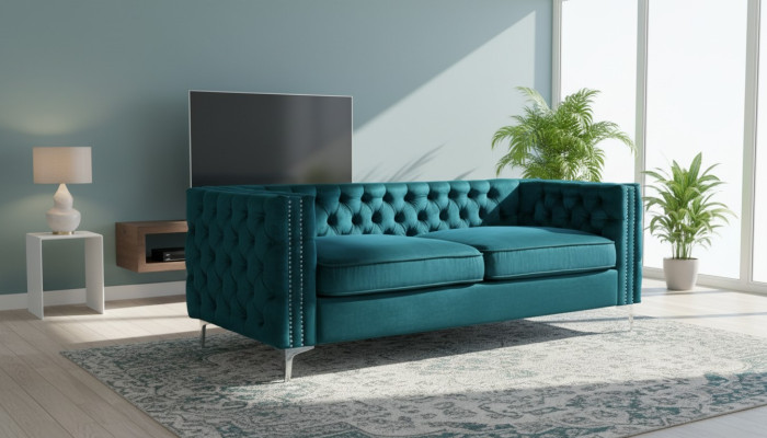divano Chesterfield turchese in velluto di lusso, set di divani con bottoni e cuscini nuovi
