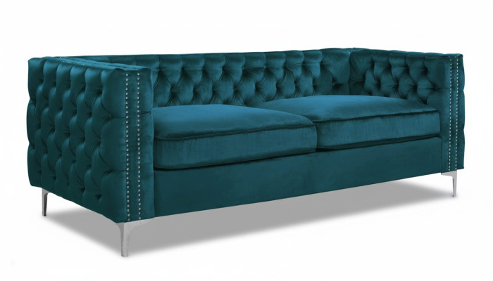 divano Chesterfield turchese in velluto di lusso, set di divani con bottoni e cuscini nuovi
