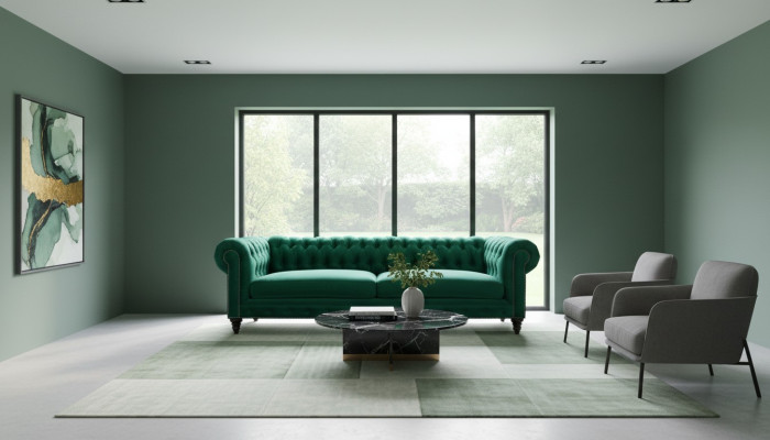 Sofà Chesterfield verde in tessuto, divano in materiale tessile creativo, 3 posti, nuovo divano.