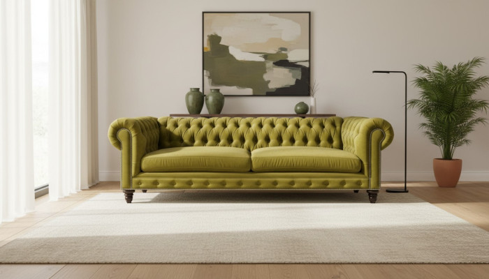 Soggiorno giallo Moderno Chesterfield a tre posti Tessuto in stoffa creativo Mobili xxl