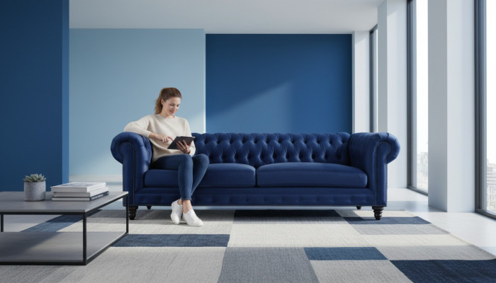 Chesterfield tre posti Blu Nuovo Soggiorno Moderno Mobili Creativi Tessuto di Stoffa