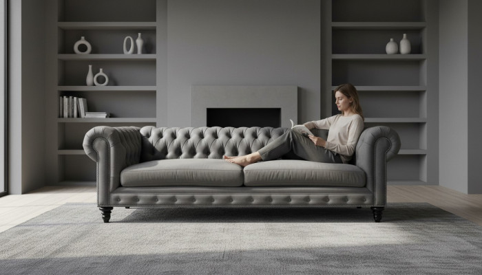 Divano Chesterfield a tre posti Creativo Tessuto in stoffa grigia, moderno, nuovo per il soggiorno.