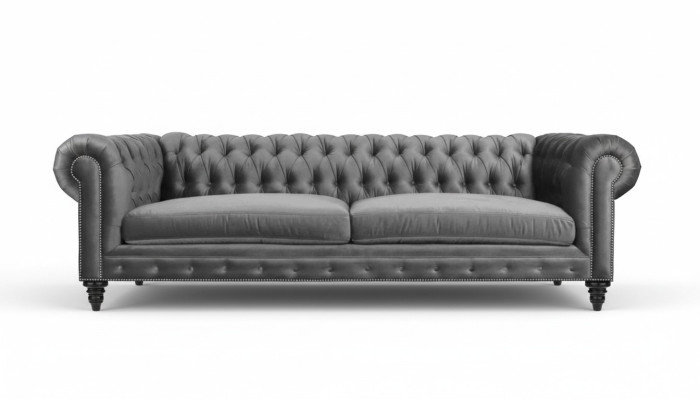 Divano Chesterfield a tre posti Creativo Tessuto in stoffa grigia, moderno, nuovo per il soggiorno.