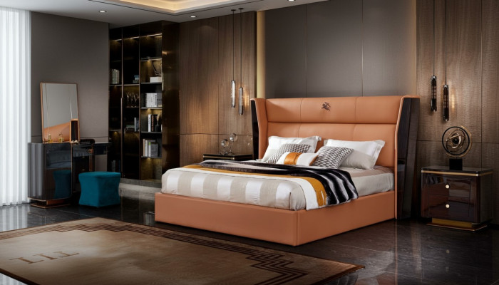 Letto in pelle, set di mobili da camera da letto, design gruppo 3 pezzi. Set di 2 comodini.