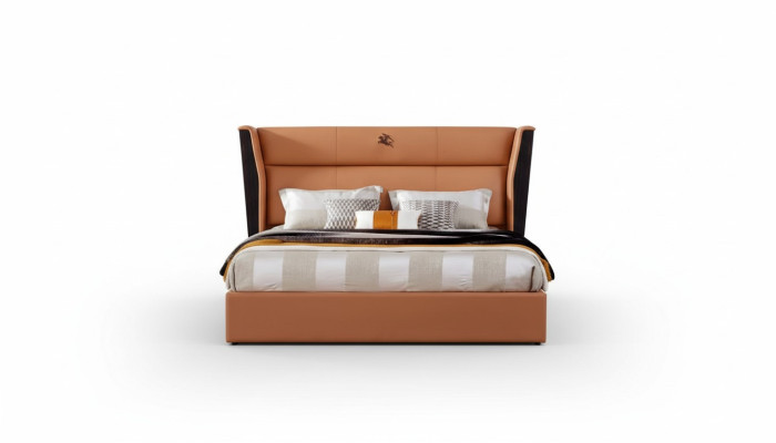 Letto in pelle, set di mobili da camera da letto, design gruppo 3 pezzi. Set di 2 comodini.