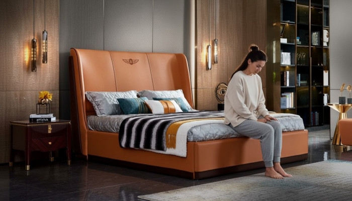 Letto 2 x Comodino Camera da letto Arancione Creativo Moderno Mobili Legno Lussuoso Letti