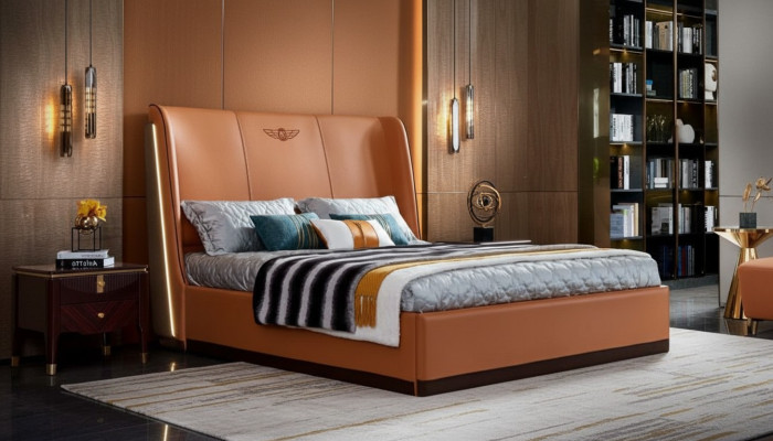 Letto 2 x Comodino Camera da letto Arancione Creativo Moderno Mobili Legno Lussuoso Letti