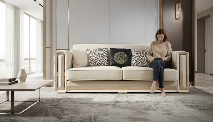 Divano Chesterfield in pelle beige design lussuoso per soggiorno.
