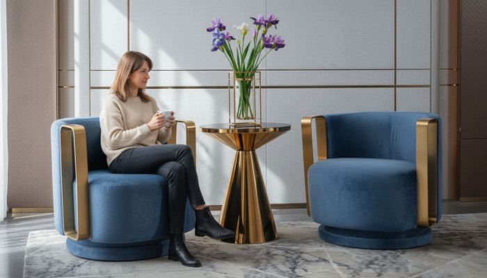 Poltrona blu in tessuto di lusso per soggiorno, nuova, creativa, dal design moderno.