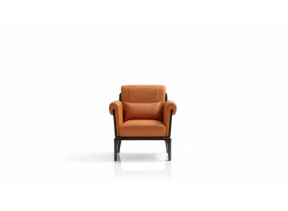 Poltrona in pelle arancione per soggiorno, design moderno, lusso, legno nuovo.