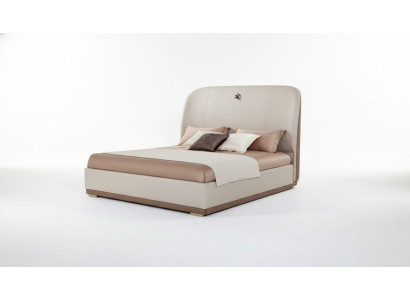 Letto in pelle beige e legno, letto matrimoniale in pelle per camera da letto, design moderno, arredamento di lusso.