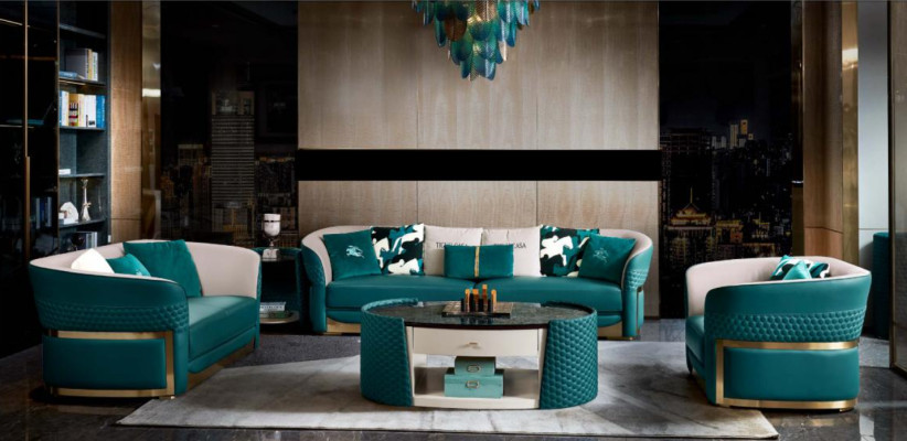 Divano Chesterfield con rivestimento in pelle tessuto poltrona divanetto 3+1.