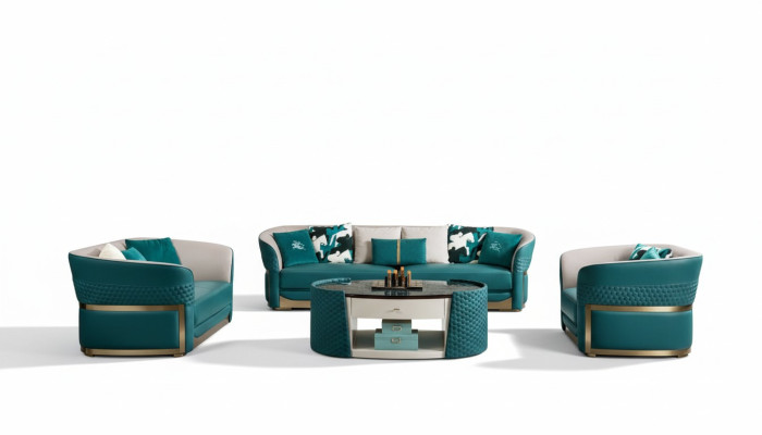 Divano Chesterfield con rivestimento in pelle tessuto poltrona divanetto 3+1.