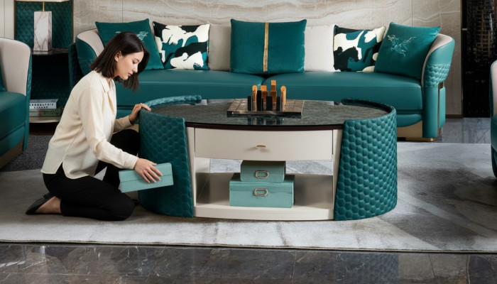 Tavolino da salotto in legno e pelle turchese ovale, design moderno, arredamento di lusso per il soggiorno, 140x83.