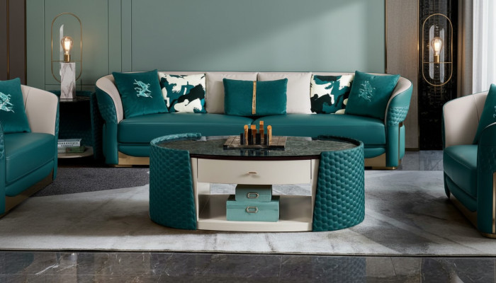 Tavolino da salotto in legno e pelle turchese ovale, design moderno, arredamento di lusso per il soggiorno, 140x83.